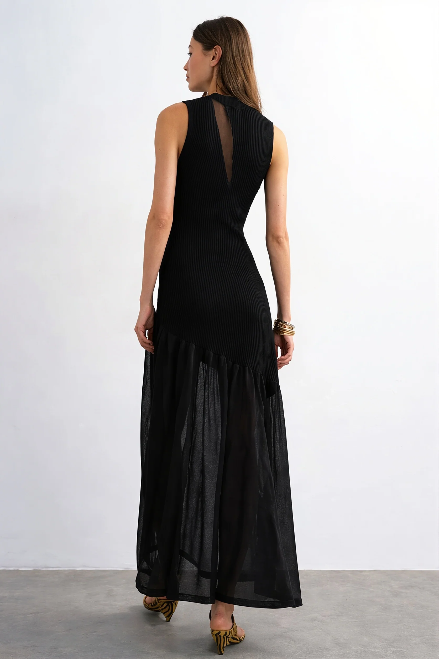 Ribbed Knit Mesh Splice Maxi Dress