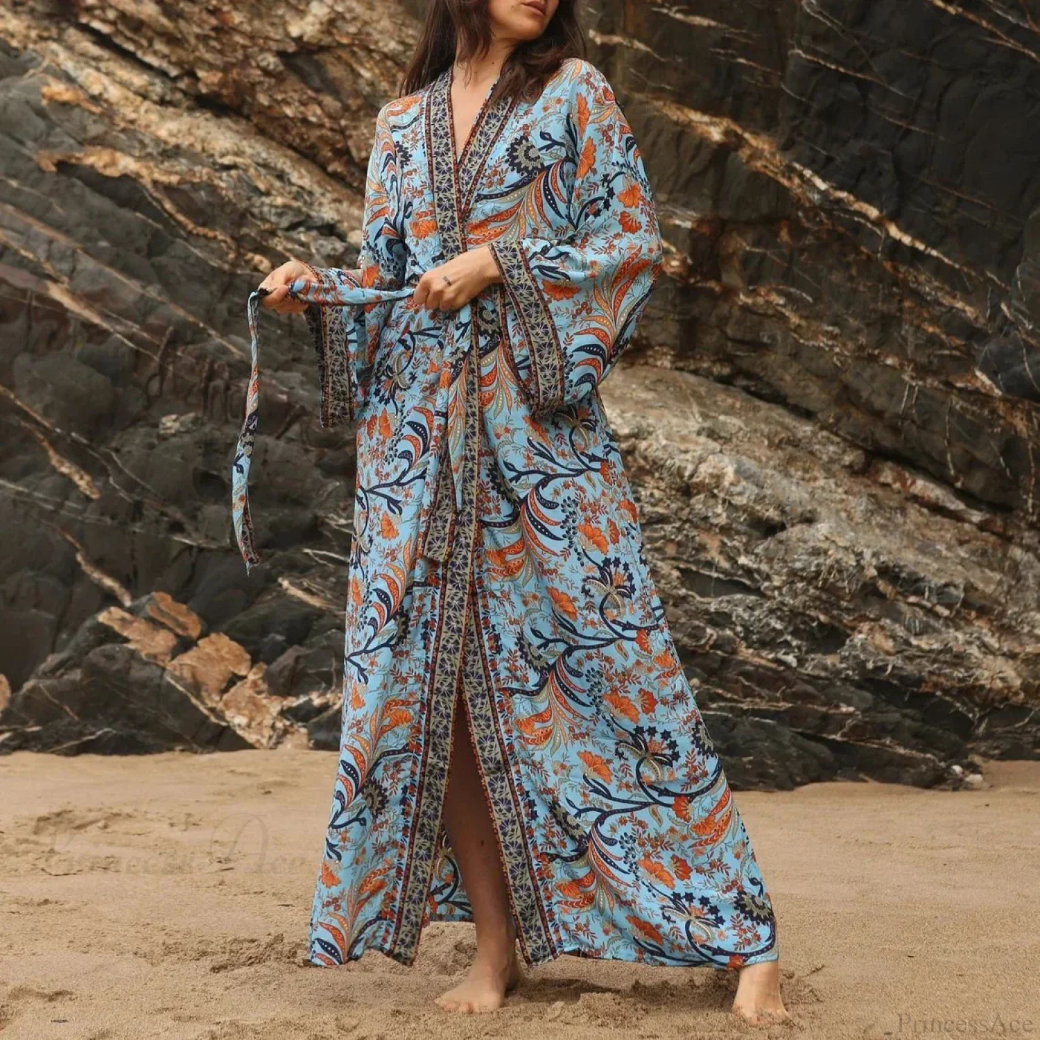 Cotton Rayon Kimono Boho Beach Cover up Loose Dress
