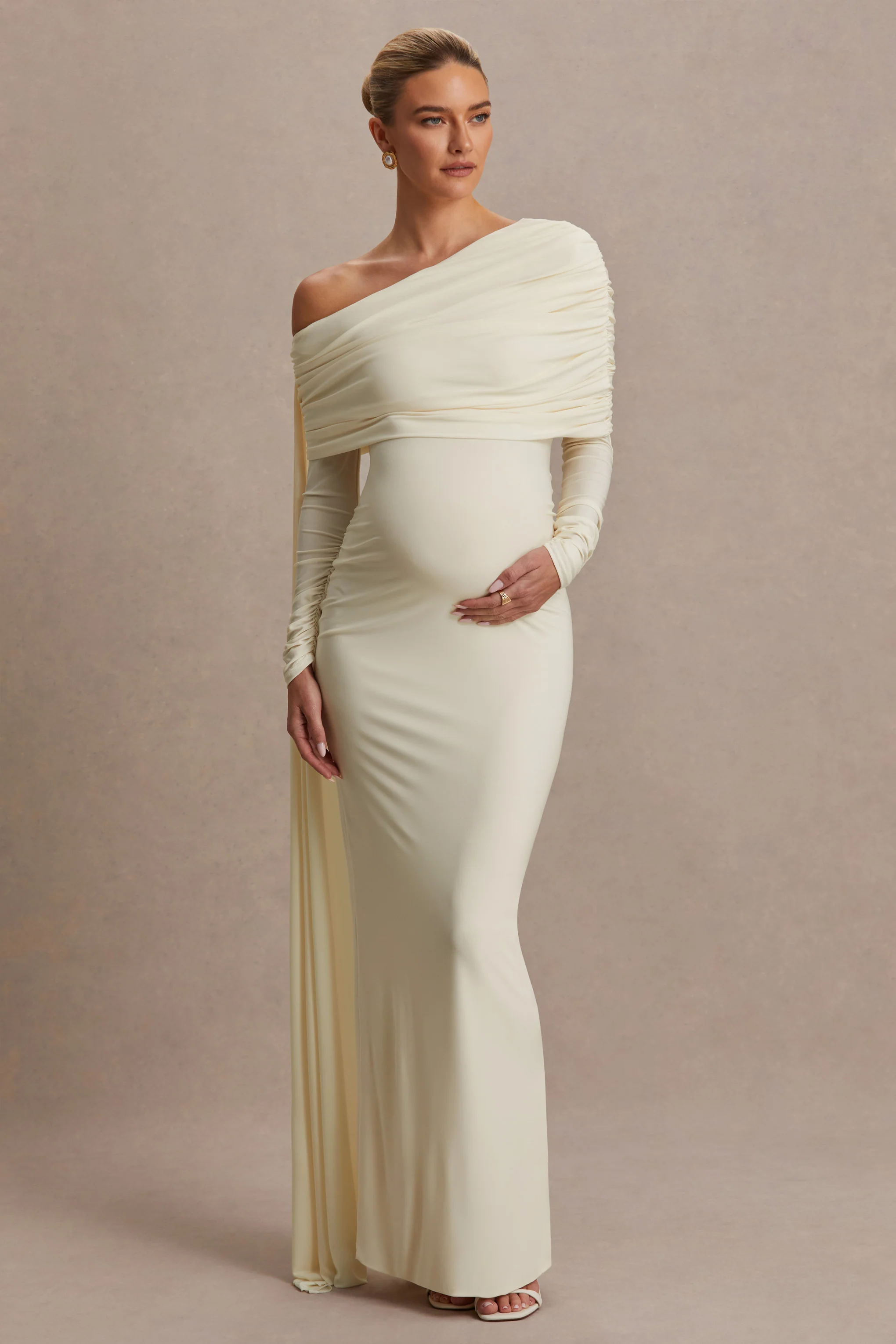 Cyra | Cream Asymmetric-Neck Maternity Maxi Dress With Sash