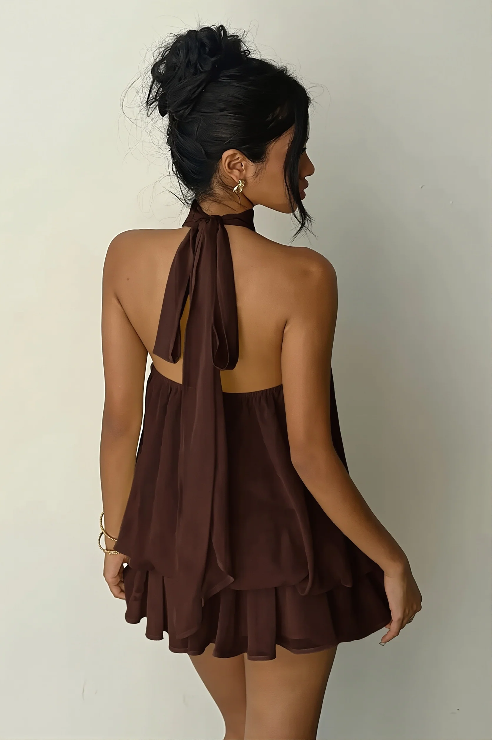 Vacation Halter Backless High Waist Flowy Mini Dress