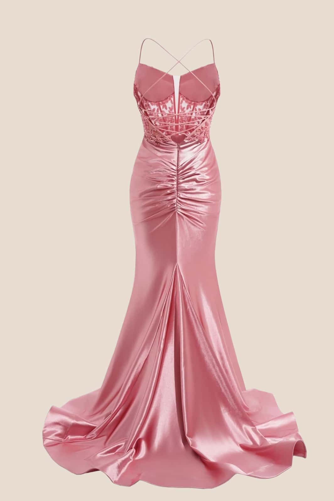Blush Pink Beaded Ruched Satin Long Prom Dress