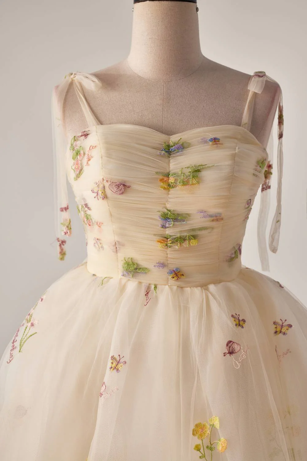 Tie Shoulder Champagne Floral Short Party Dress