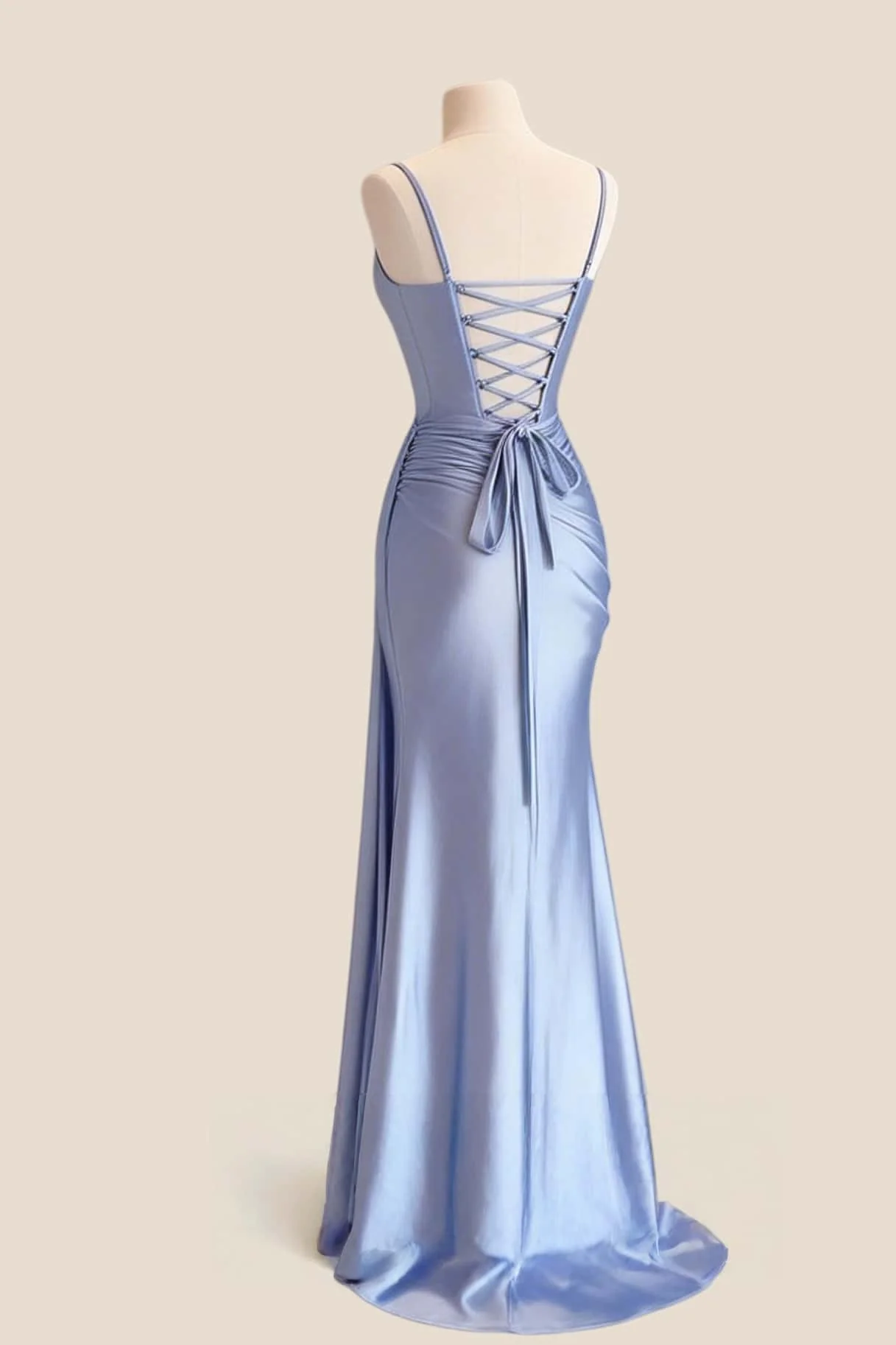 Blue Satin Straps Ruched Long Prom Dress with Train