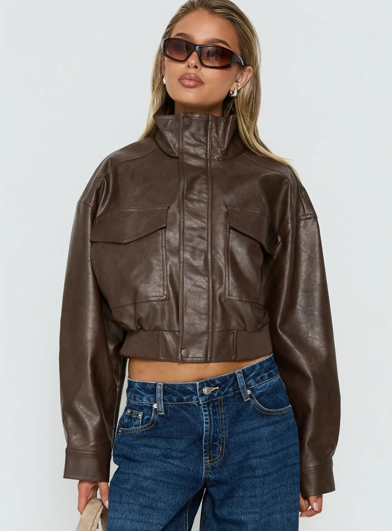 Ace Player Funnel Neck Faux Leather Jacket Brown