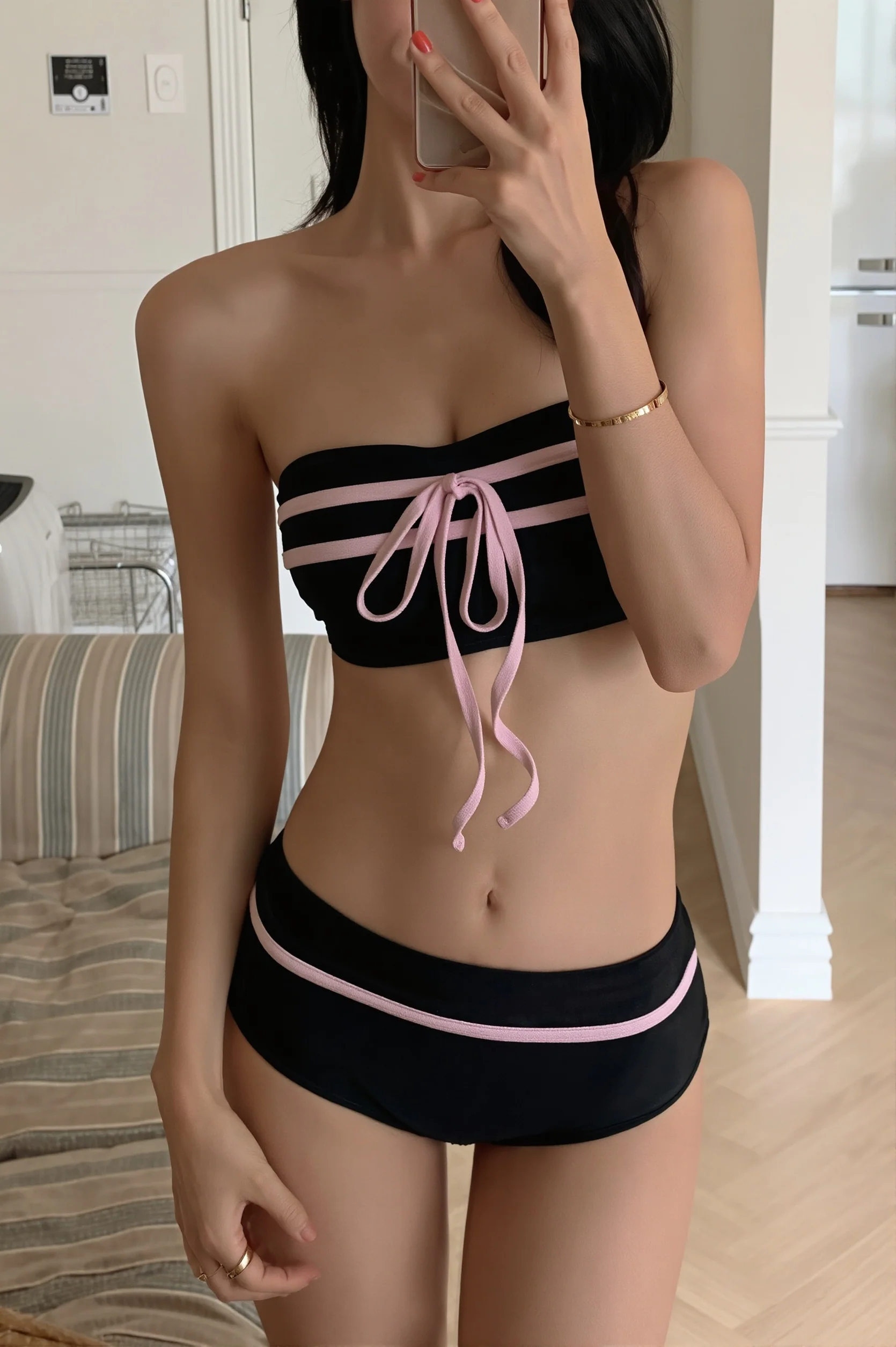 Bandeau Color Block Bow Sweet Bikini Set
