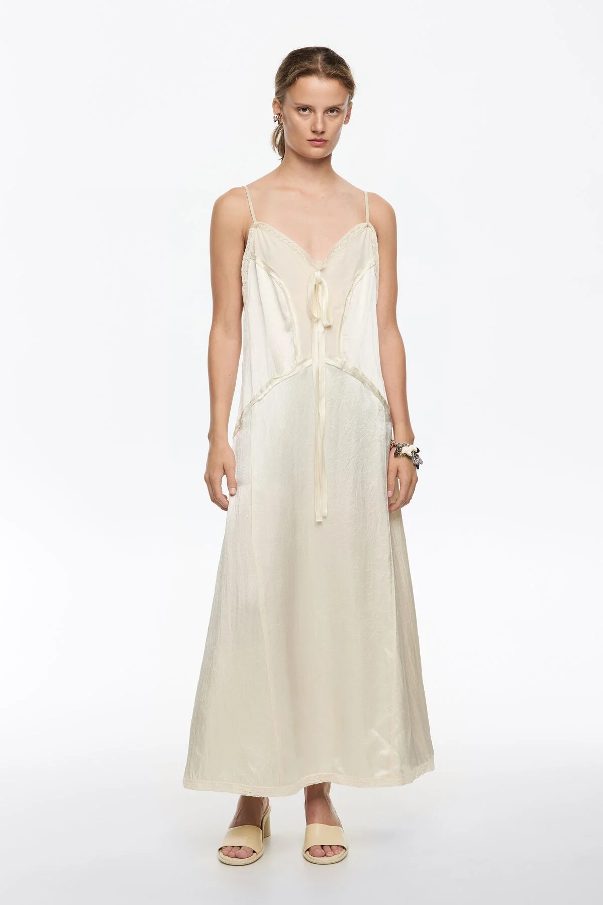 Beige mixed fabrics straight cut midi dress