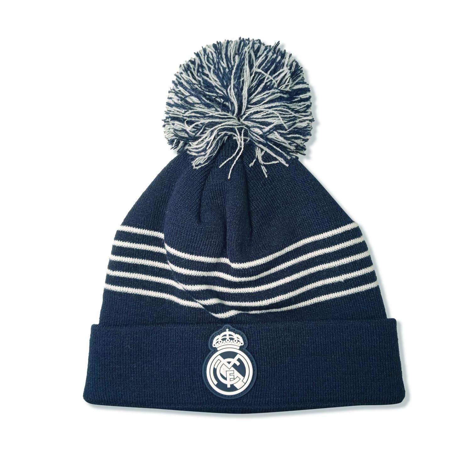 Pompom Beanie Navy White Straps Real Madrid