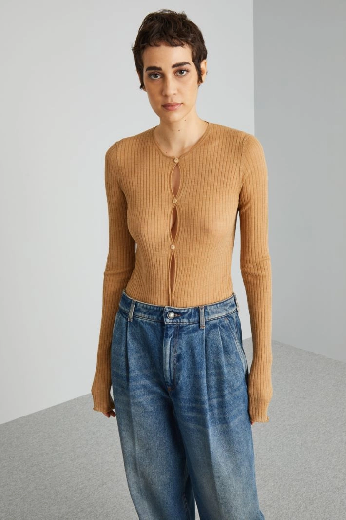 Lightweight bodysuit with buttons - CAMEL