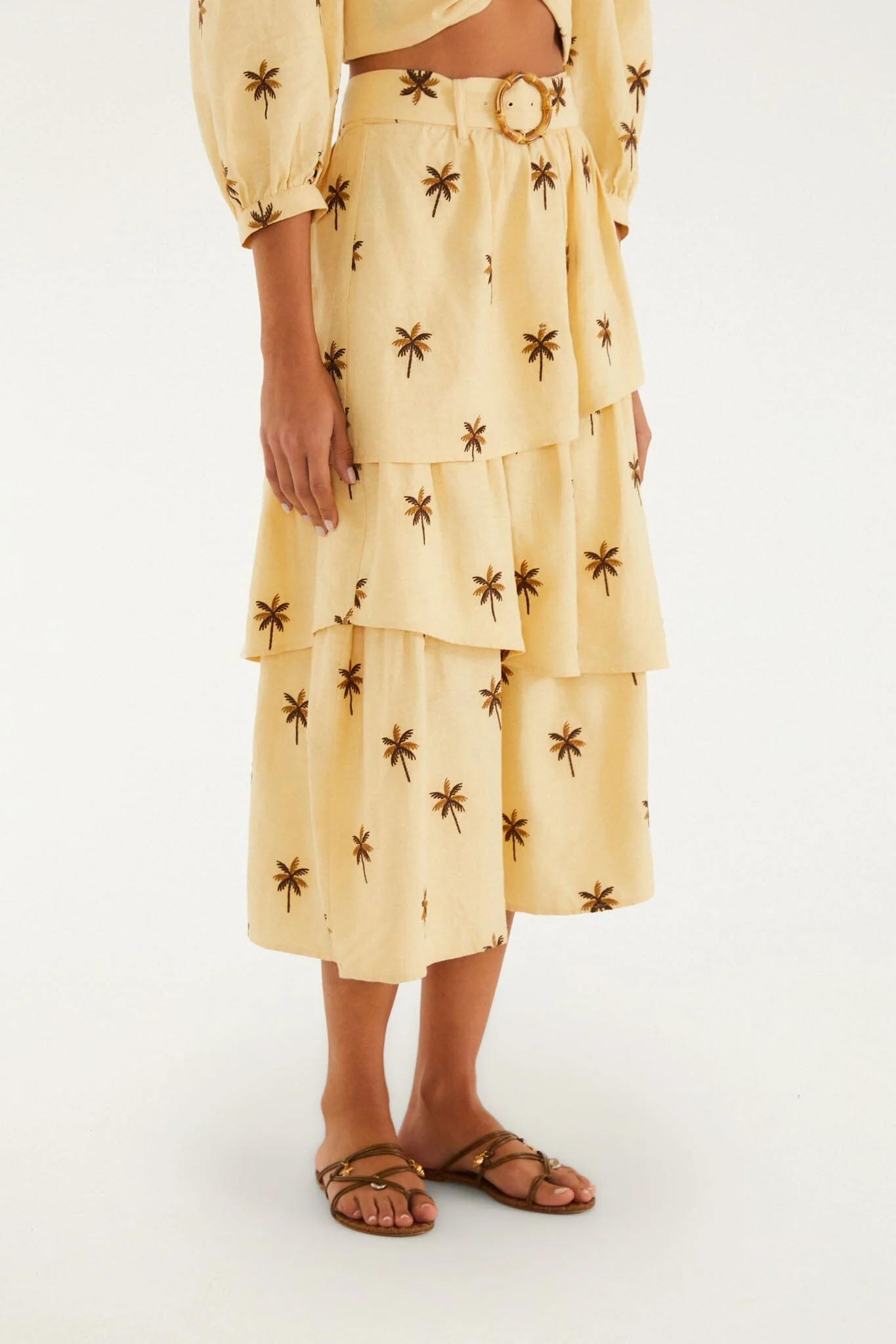 Sand Embroidered Trees Buckled Layered Midi Skirt