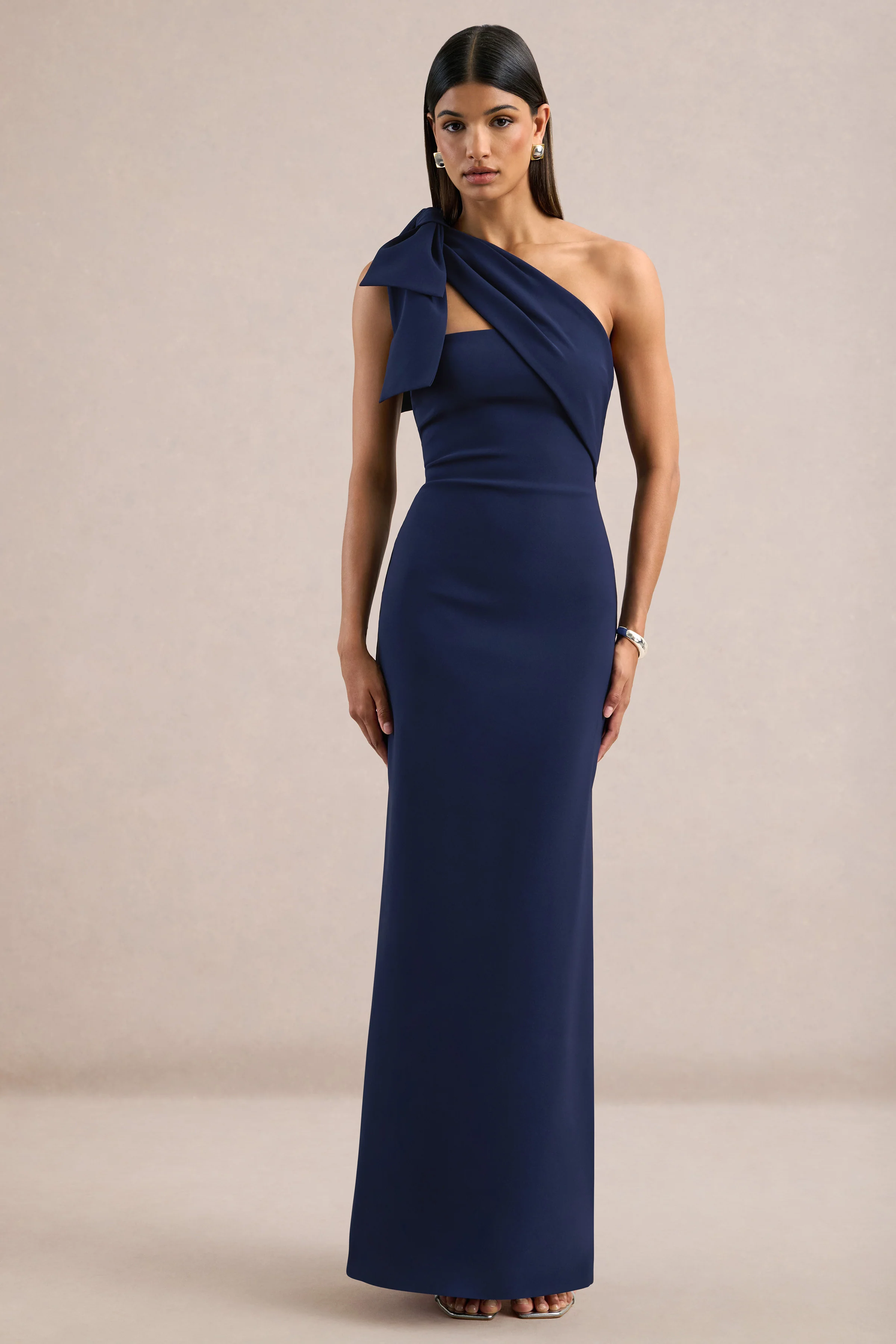 Adara | Navy One Shoulder Maxi Dress With Back Split and Bow Detail