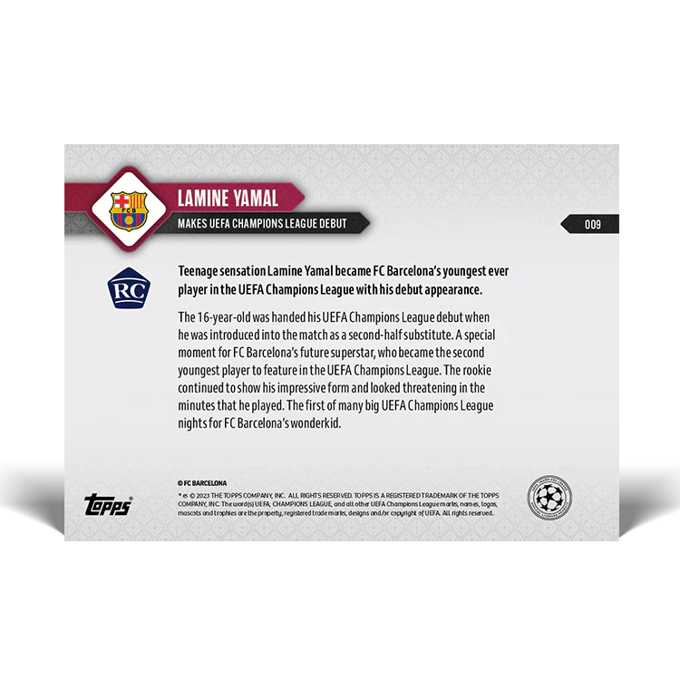 Topps UK - Lamine Yamal - Makes UEFA Champions League debut - UCL TOPPS NOW® Card #9