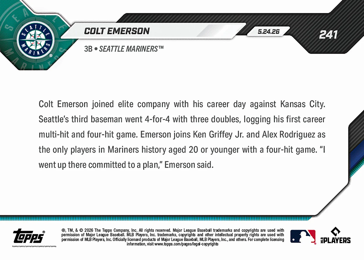 Colt Emerson - 2026 MLB Topps NOW® - Card 241 - PR: 1891