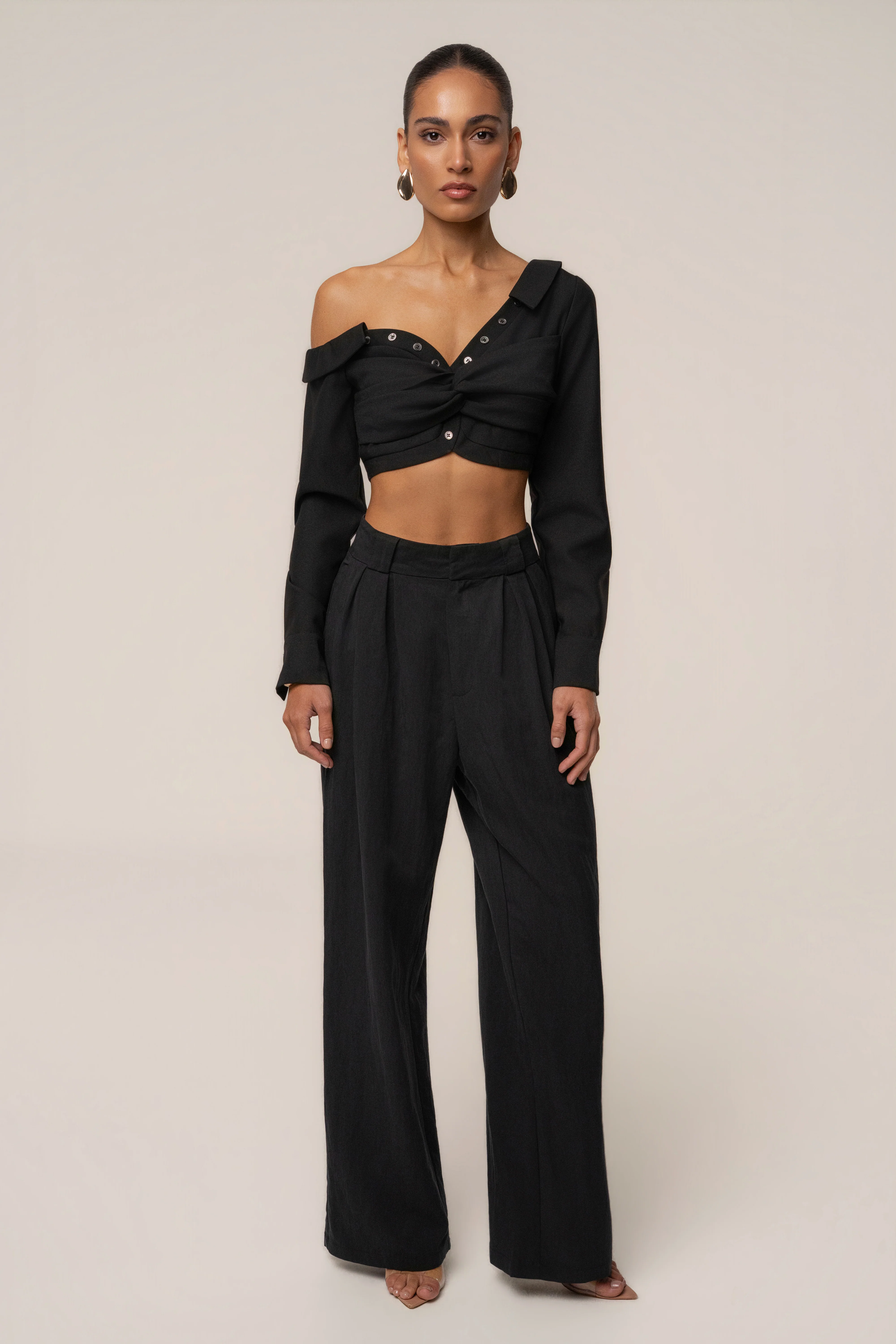Black Off-Shoulder Twist Crop Top