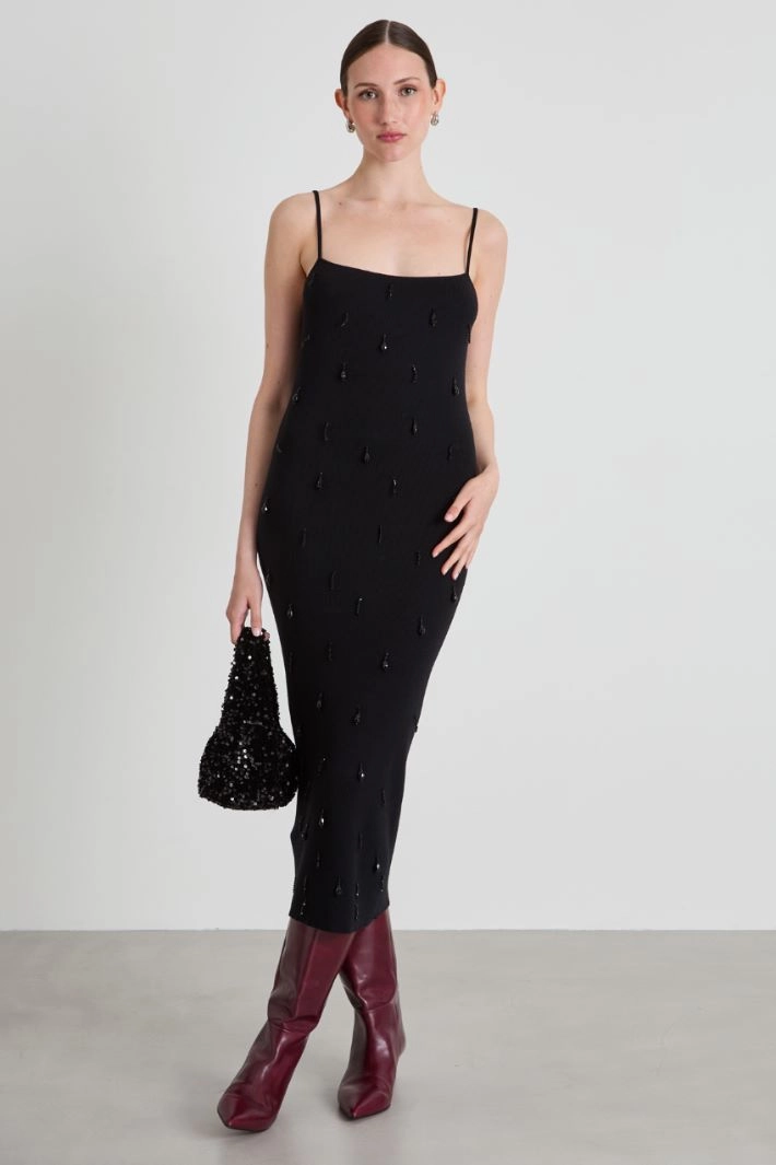 Knit dress with bejewelled embroidery - BLACK