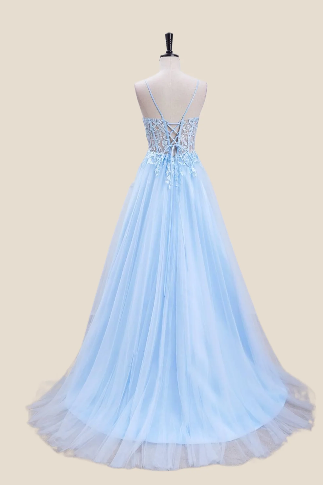 Straps Light Blue Lace and Tulle Long Formal Dress