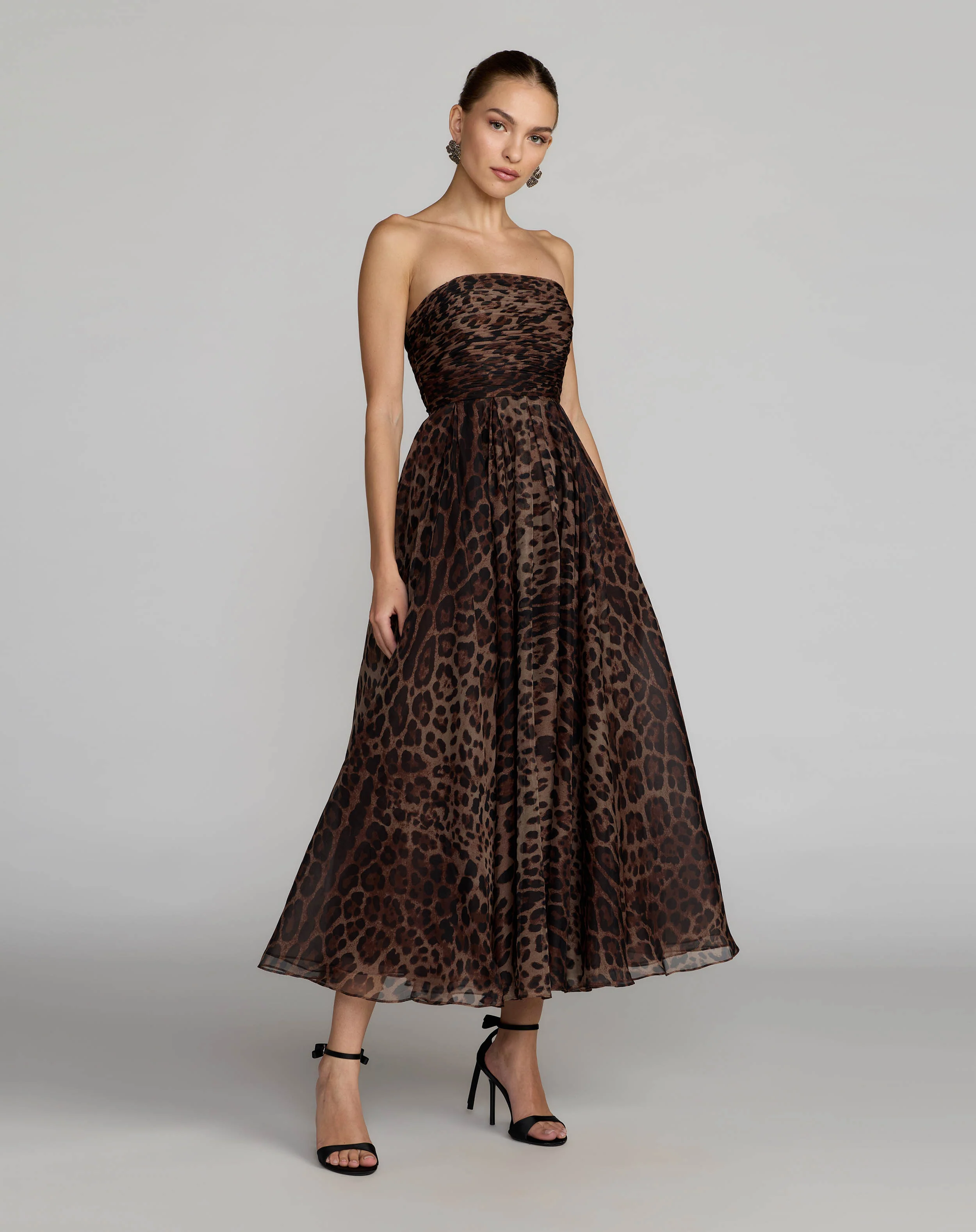 Leopard Strapless A-Line Chiffon Midi Dress