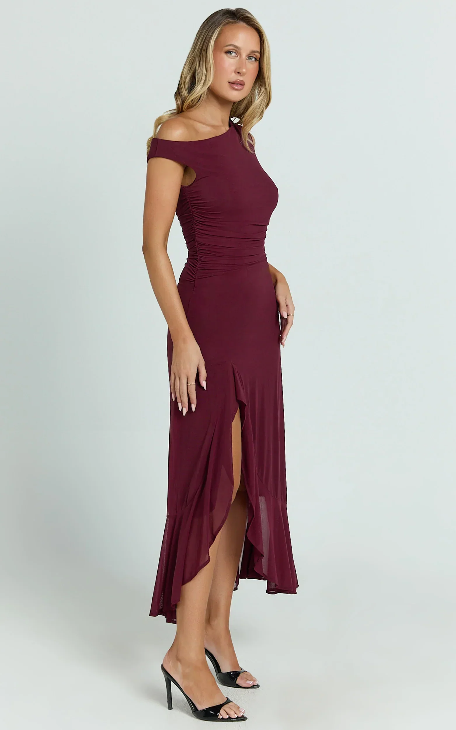 Judee Midi Dress One Shoulder High Side Split Dress in Wine