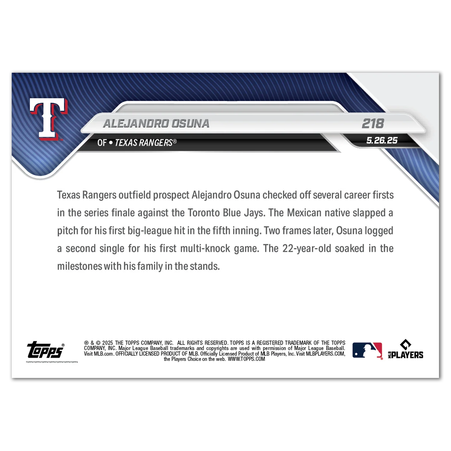 Alejandro Osuna - 2025 MLB Topps NOW® - Card 218