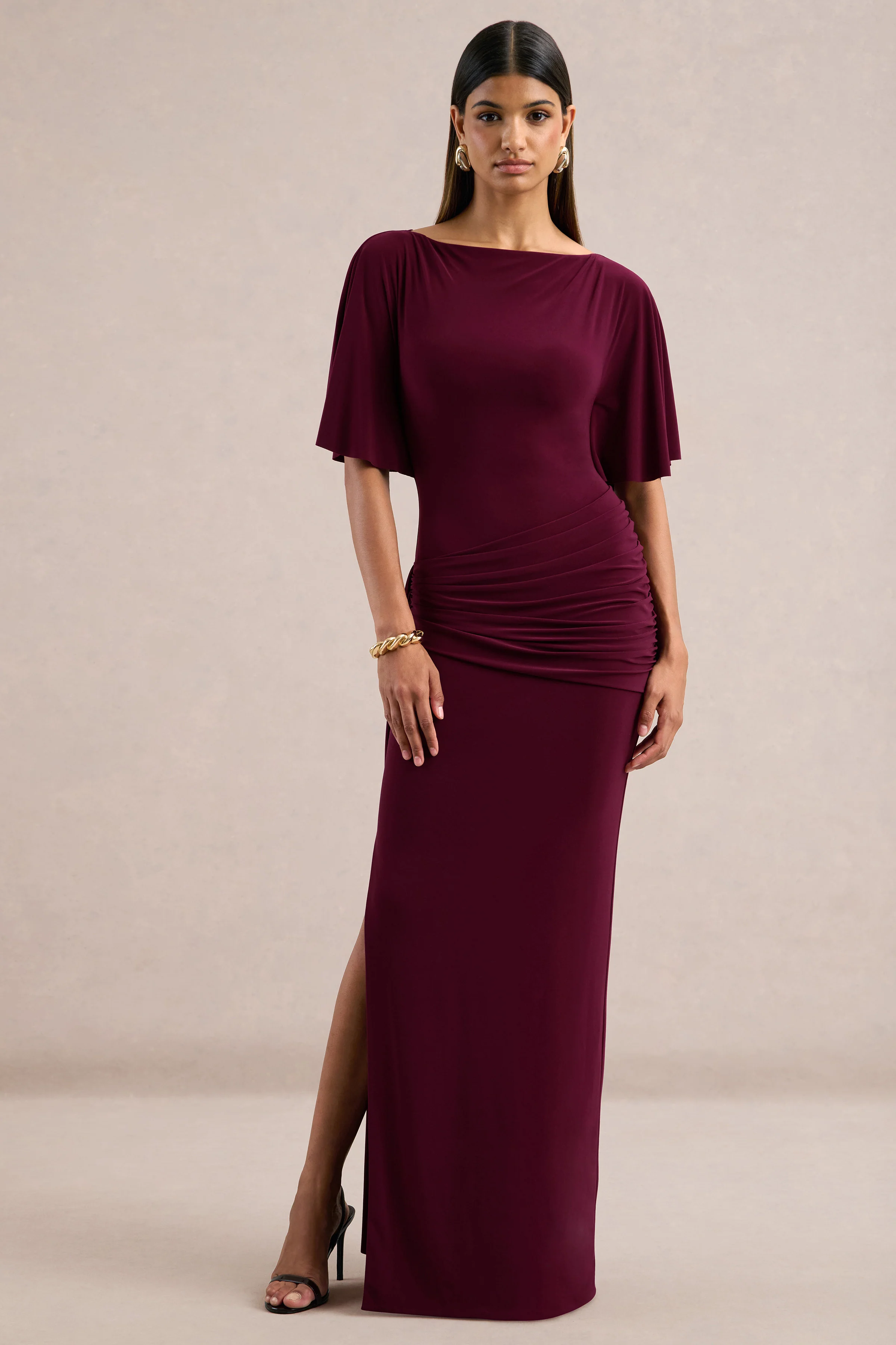 Emerelle | Burgundy Jersey Ruched Boat Neck Short Sleeve Maxi Dress With Sash And Split
