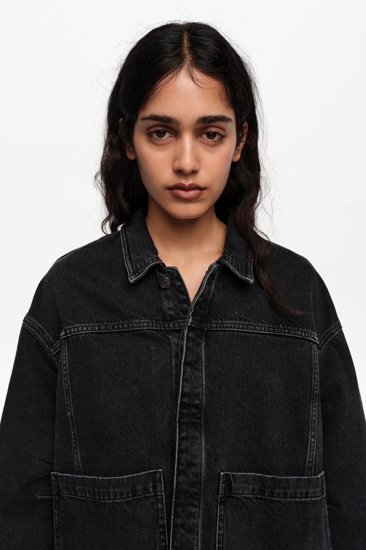 A-line washed denim jacket