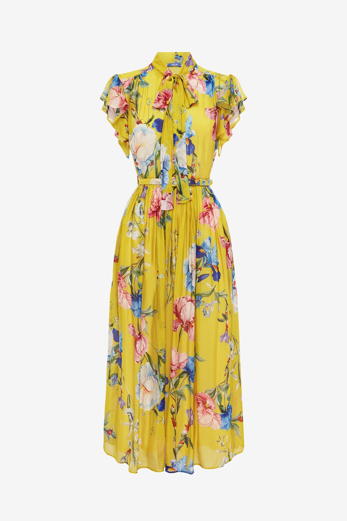 Grace Flutter Sleeve Midi Dress - Garden Print in Mustard
