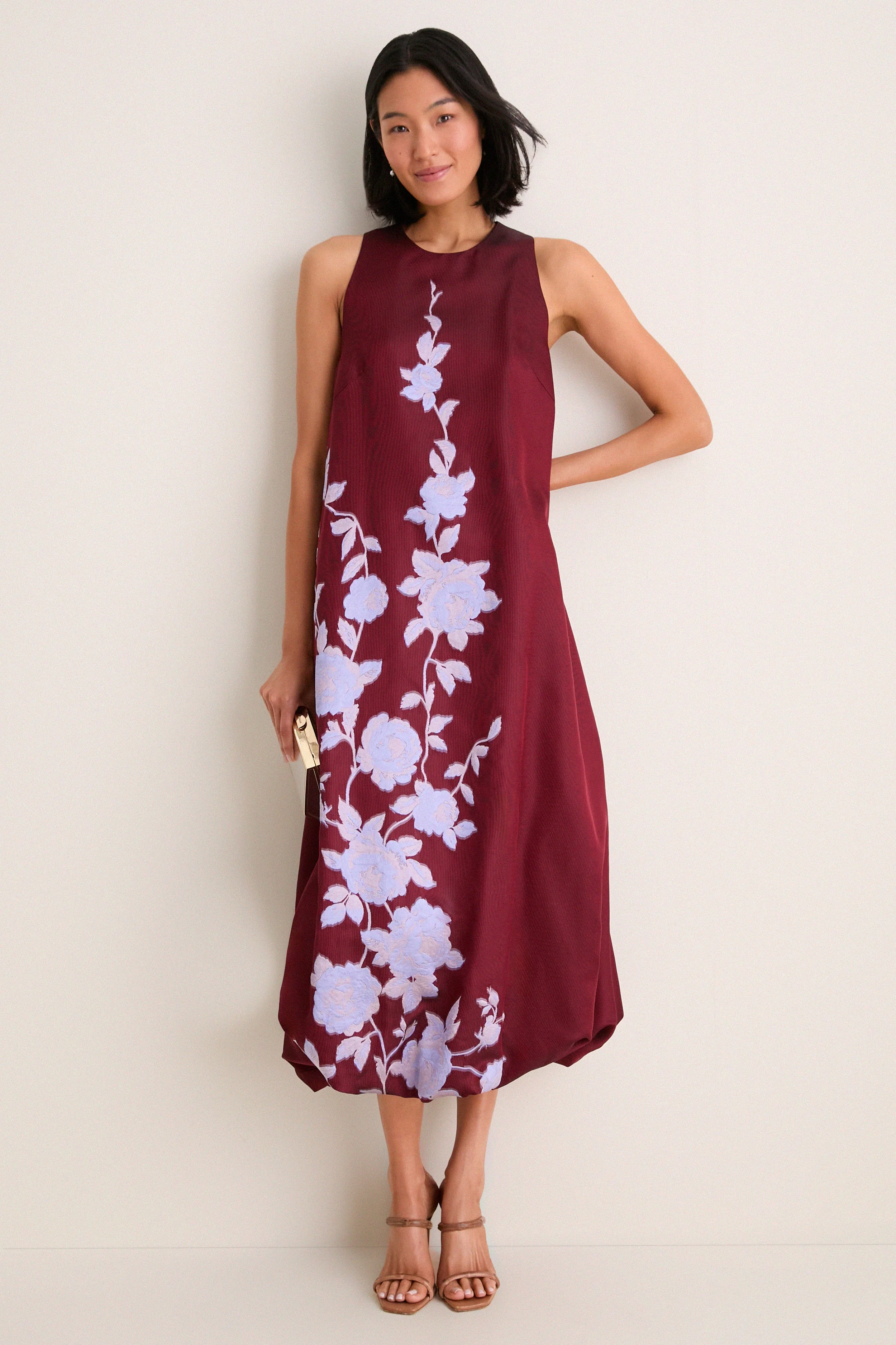 Oxblood and Lavendar Rose Fil Coupe Bubble Hem Dress