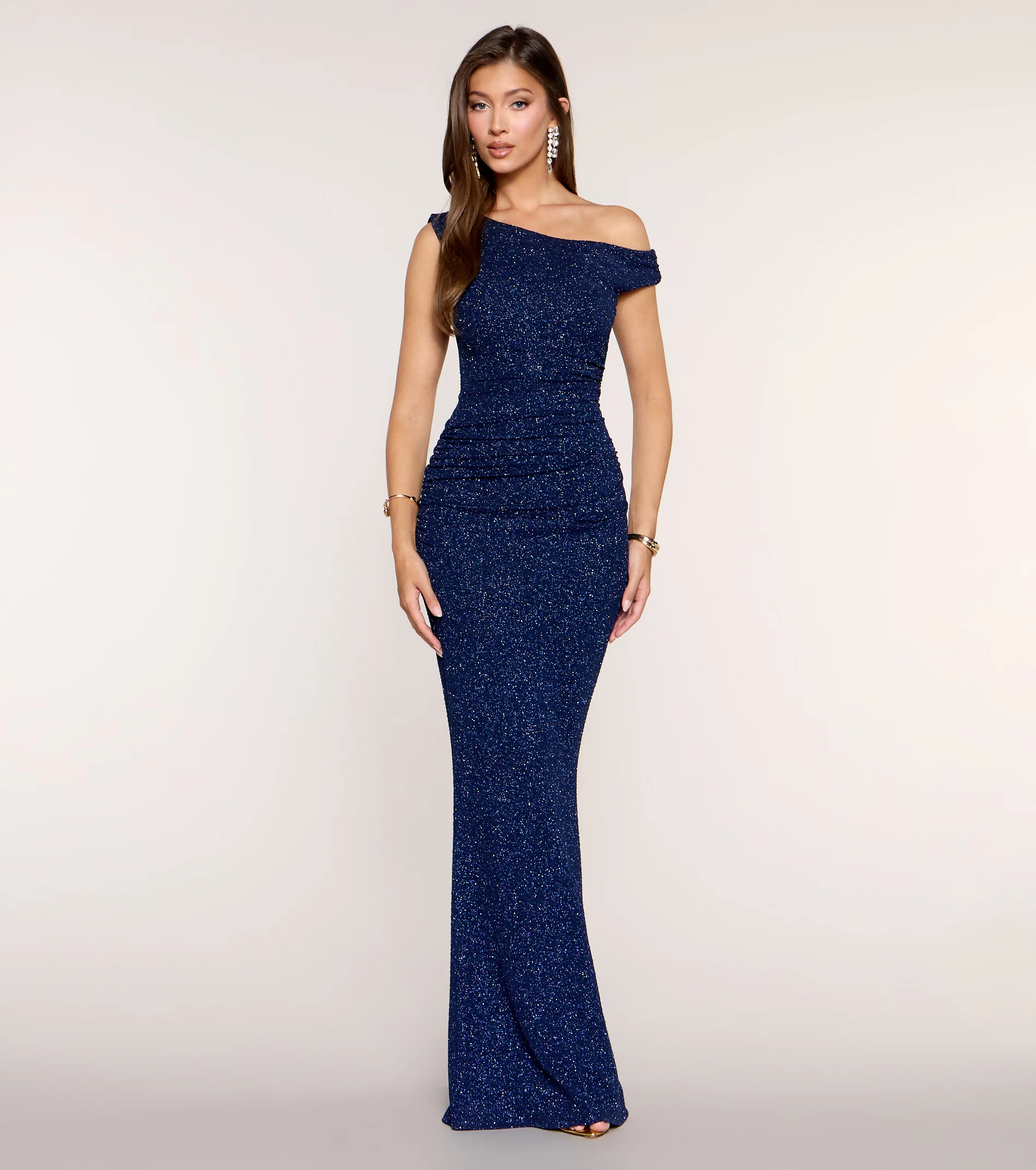 Monique Glitter Ruched Mermaid Formal Dress