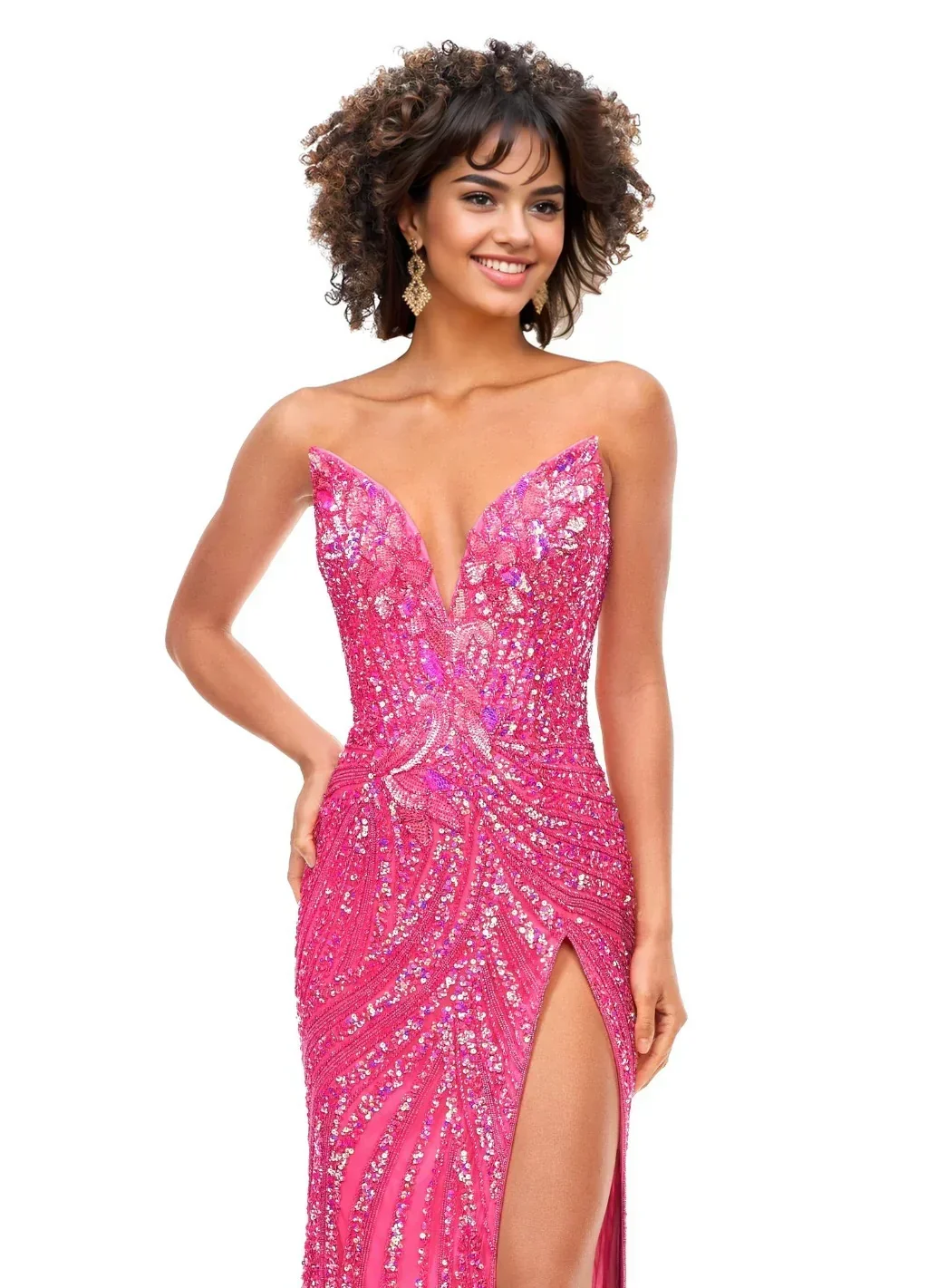 Long Fitted V Neck Slit Beaded Sequin Prom Dress Pageant Gown