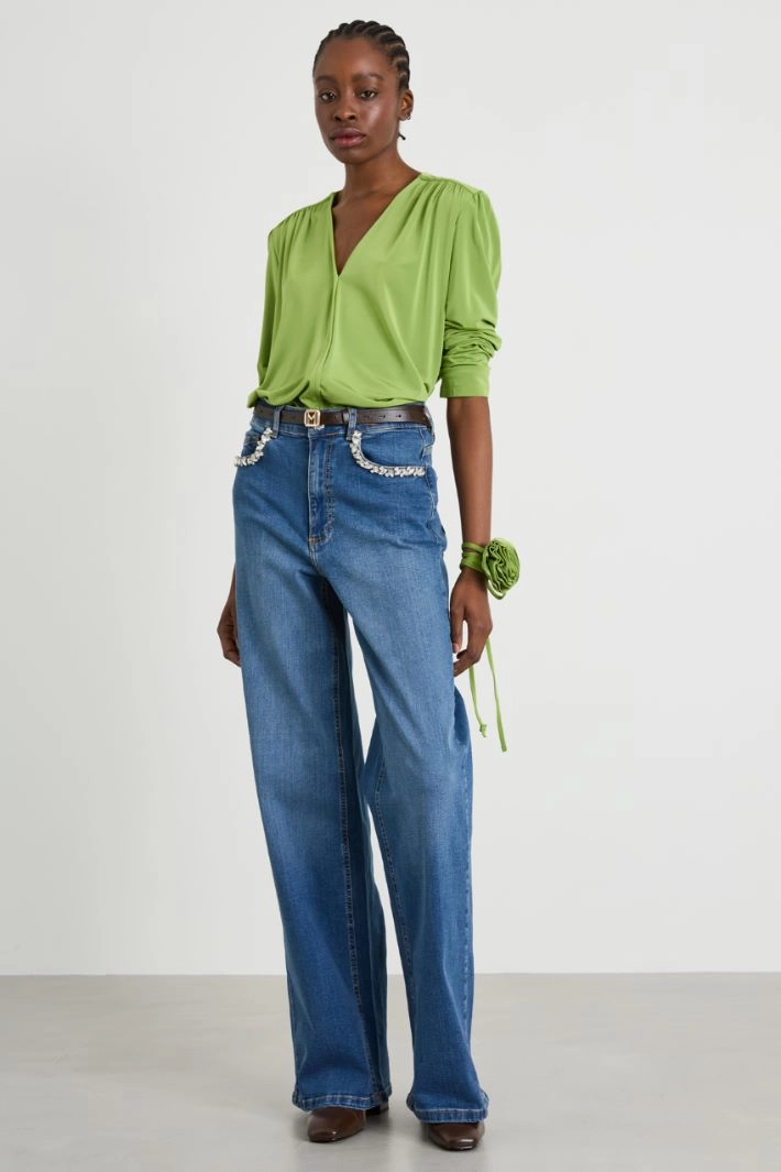 Blouse with ribbon and flower detail - GREEN