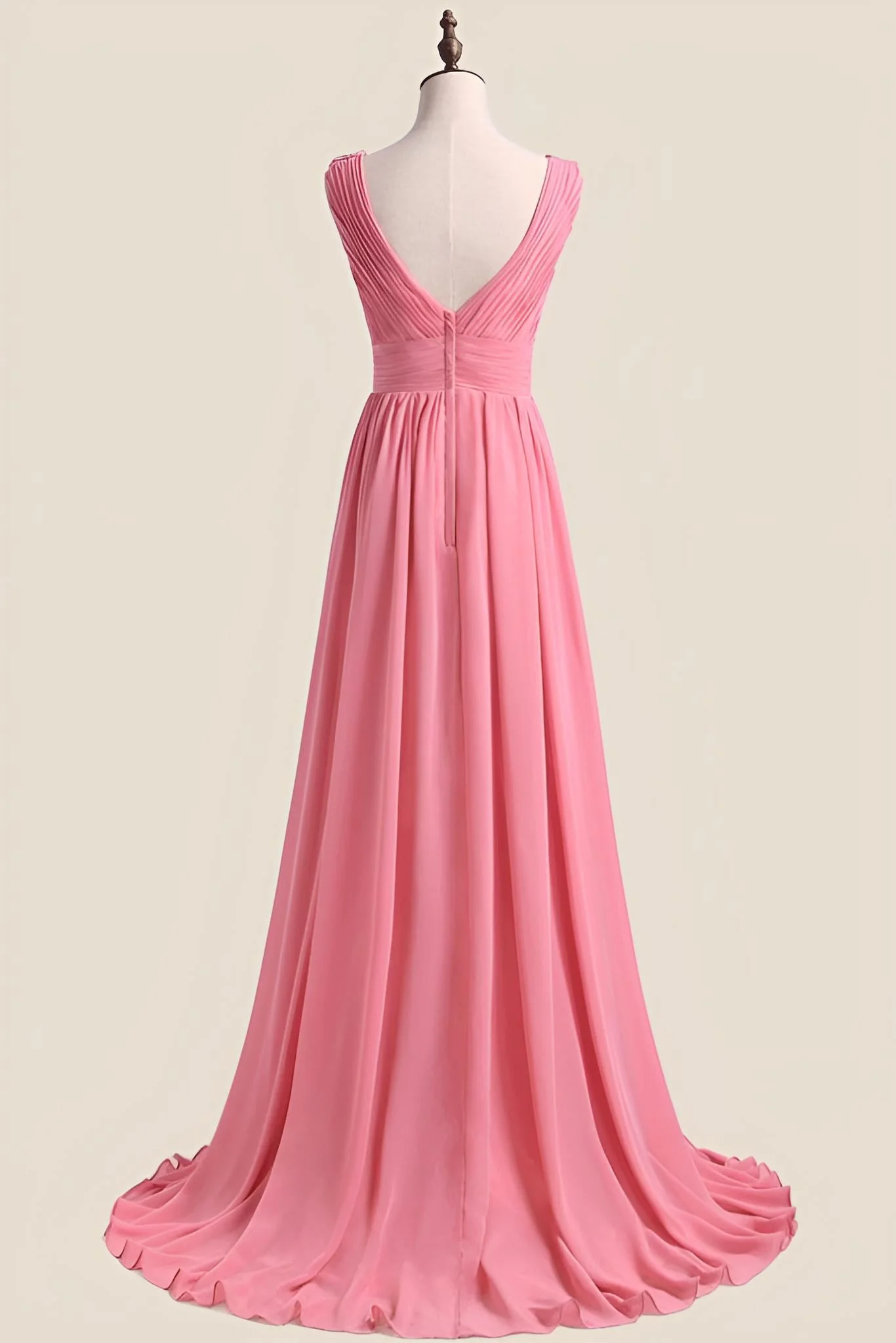 Blush Chiffon Pleated V Neck Long Bridesmaid Dress