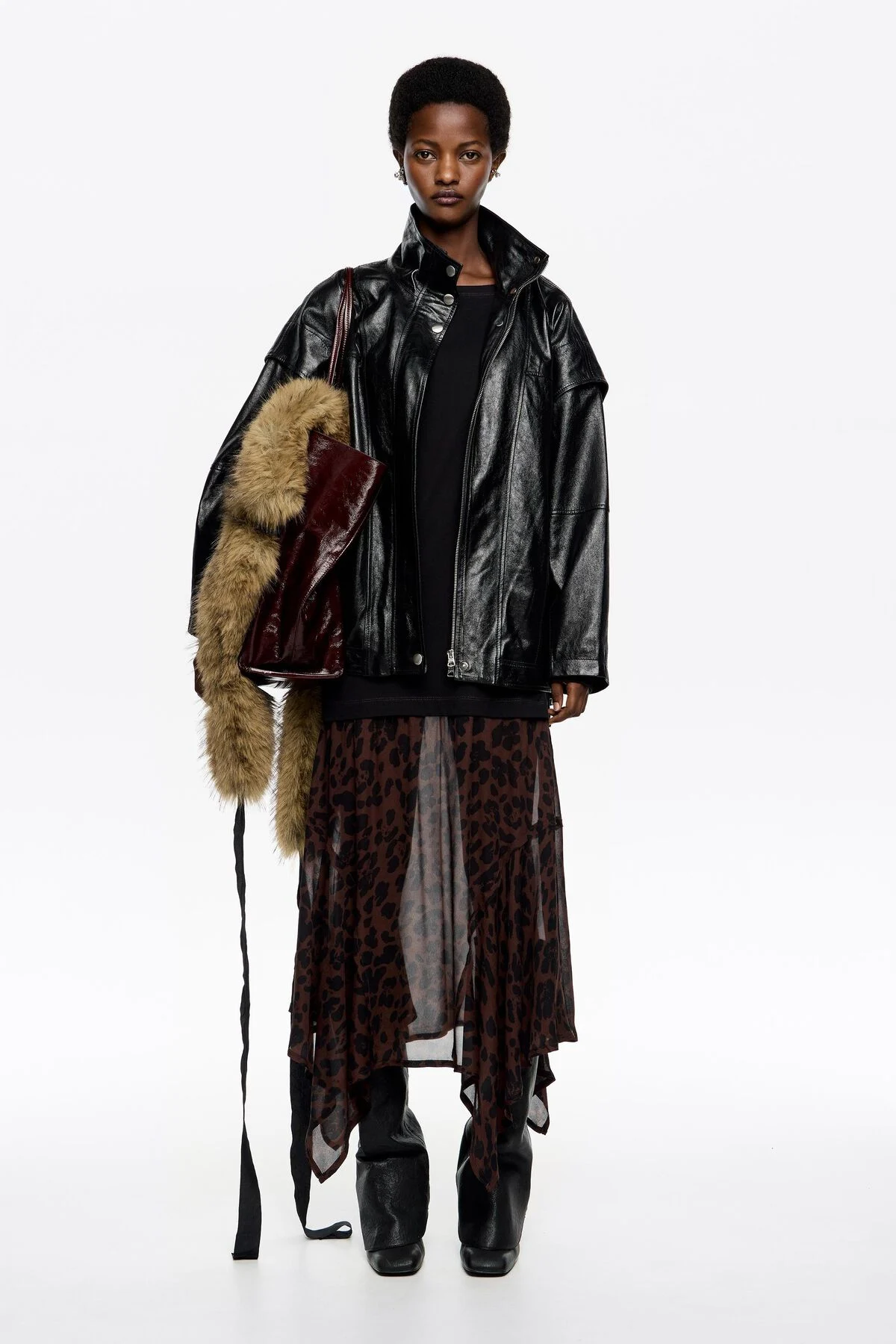 Dark brown Big Leopard 2 in 1 dress with asymmetric skirt