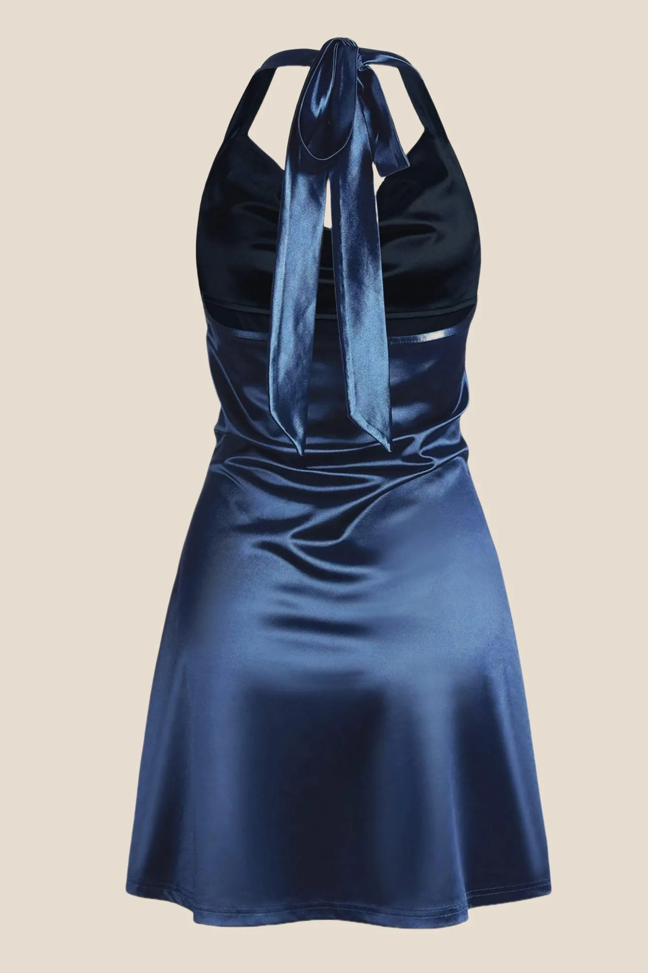 Navy Blue Cowl Neck Halter Soft Satin Mini Dress