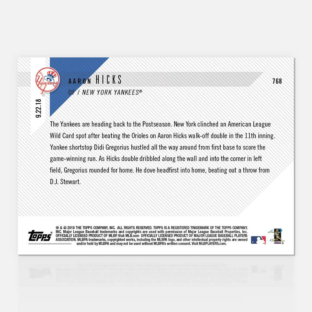 Aaron Hicks - 09/22/2018 TOPPS NOW® Card 768 - Print Run: 386