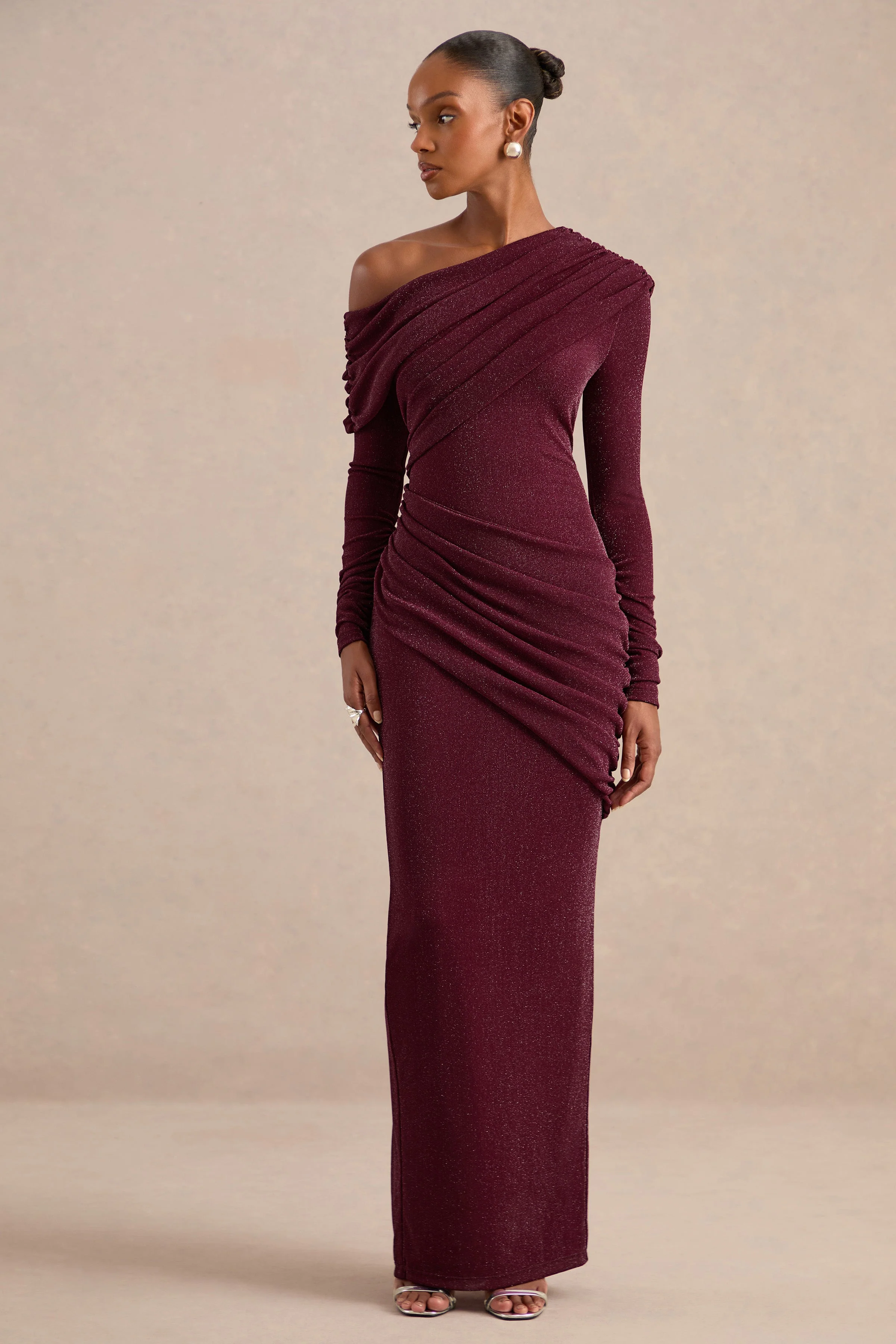 Annemarie | Burgundy Mesh One Shoulder Long Sleeve Maxi Dress With Ruching