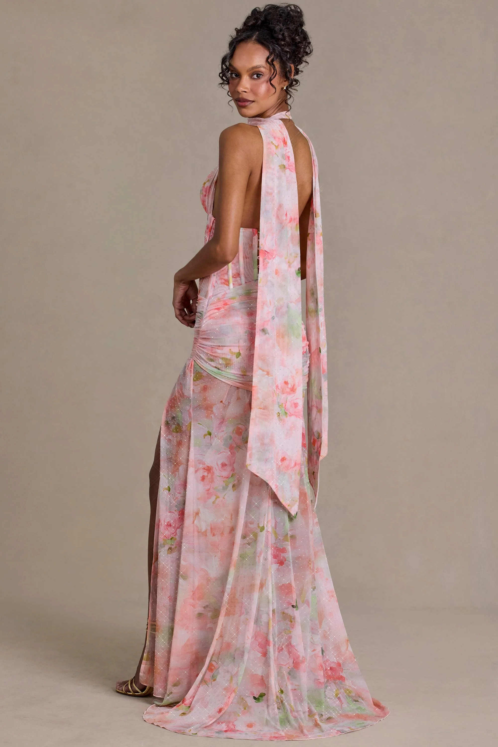 Embellished Scarf-Detail Maxi Dress in Pink Floral Print