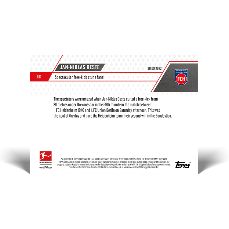 Topps UK - Jan-Niklas Beste - Spectacular free-kick stuns fans! - Bundesliga TOPPS NOW® Card #37