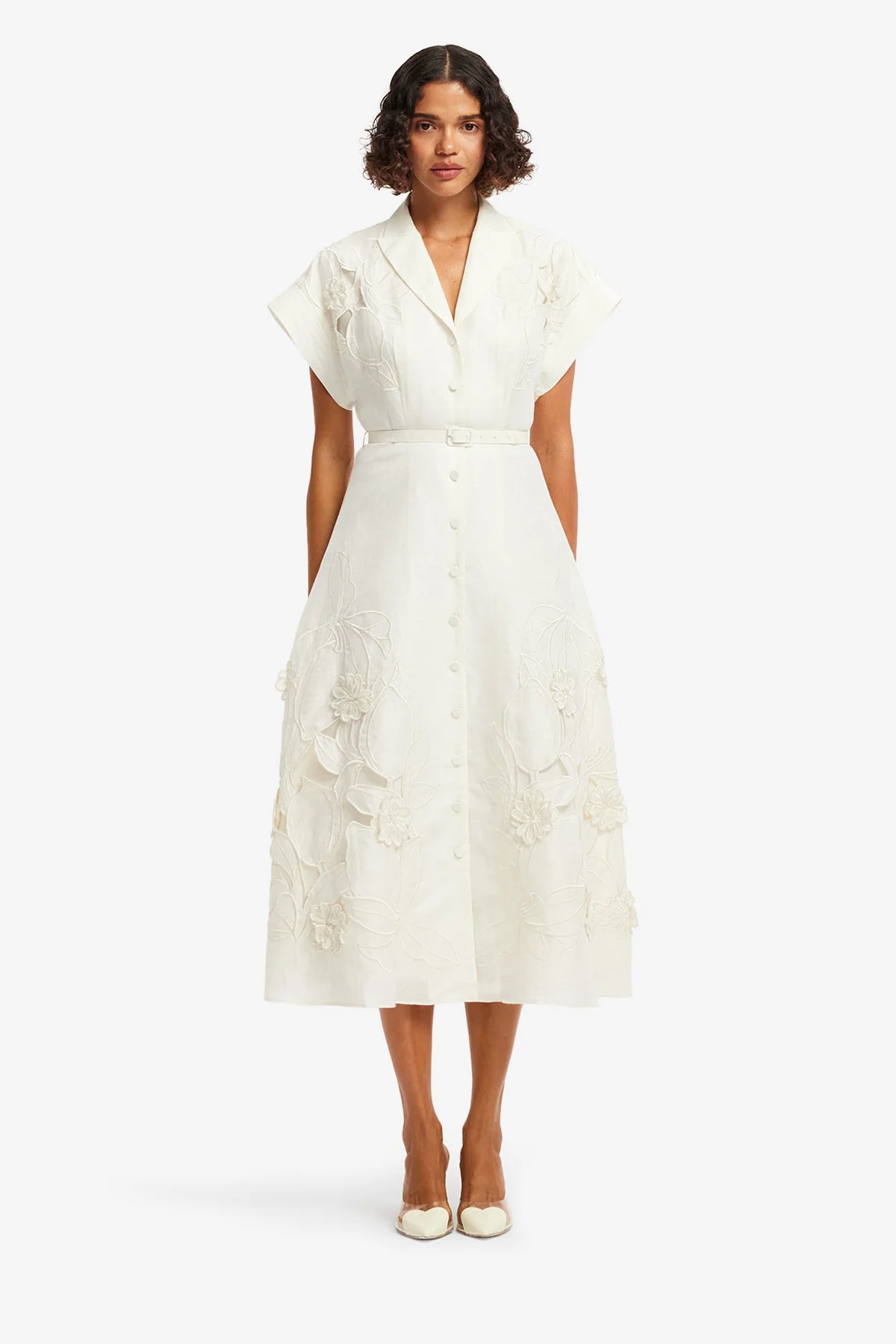 Aubrey Appliqué Shirt Midi Dress - Snow