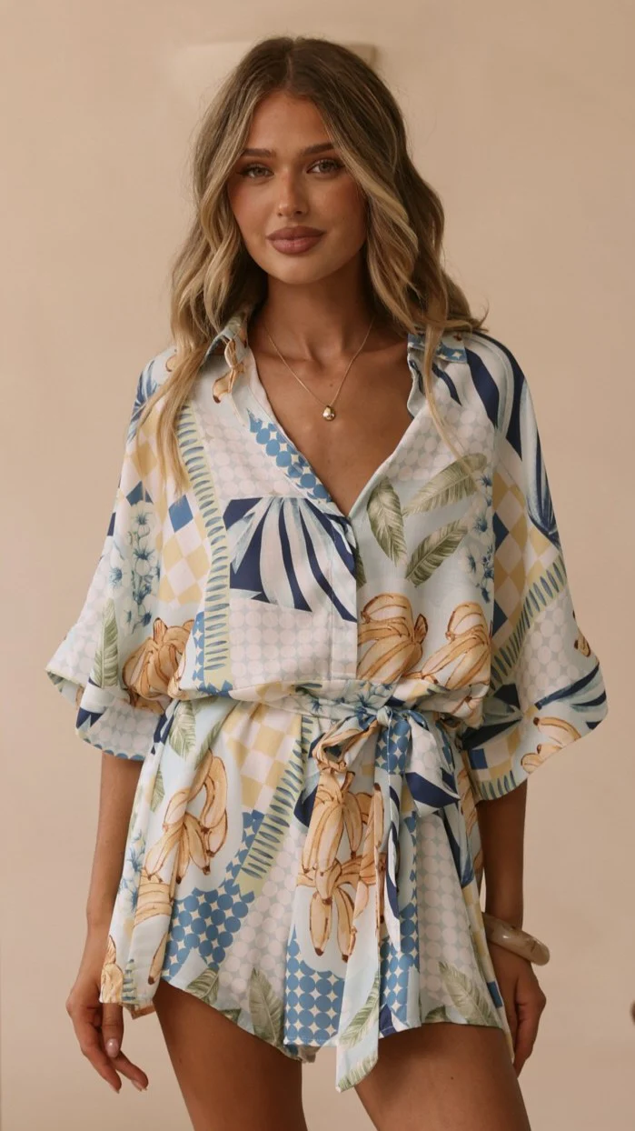 Farrah Playsuit - Blue/Yellow Print
