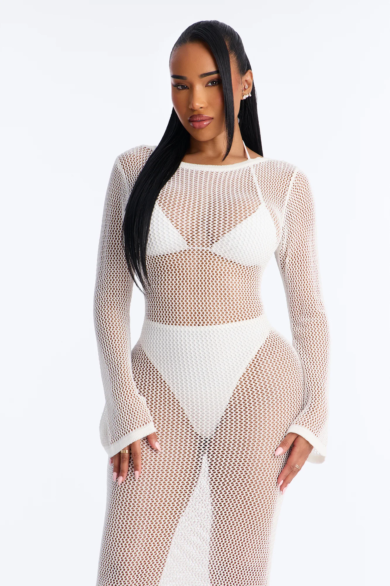 Coastal Veil Crochet Cover Up Bell Sleeve Dress - White