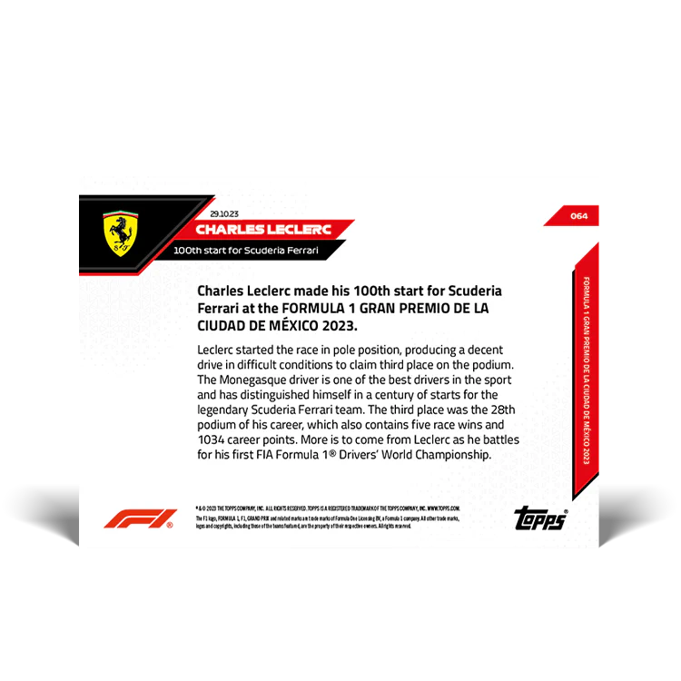 Topps UK - Charles Leclerc - 100th start for Scuderia Ferrari - F1 TOPPS NOW® Card #64