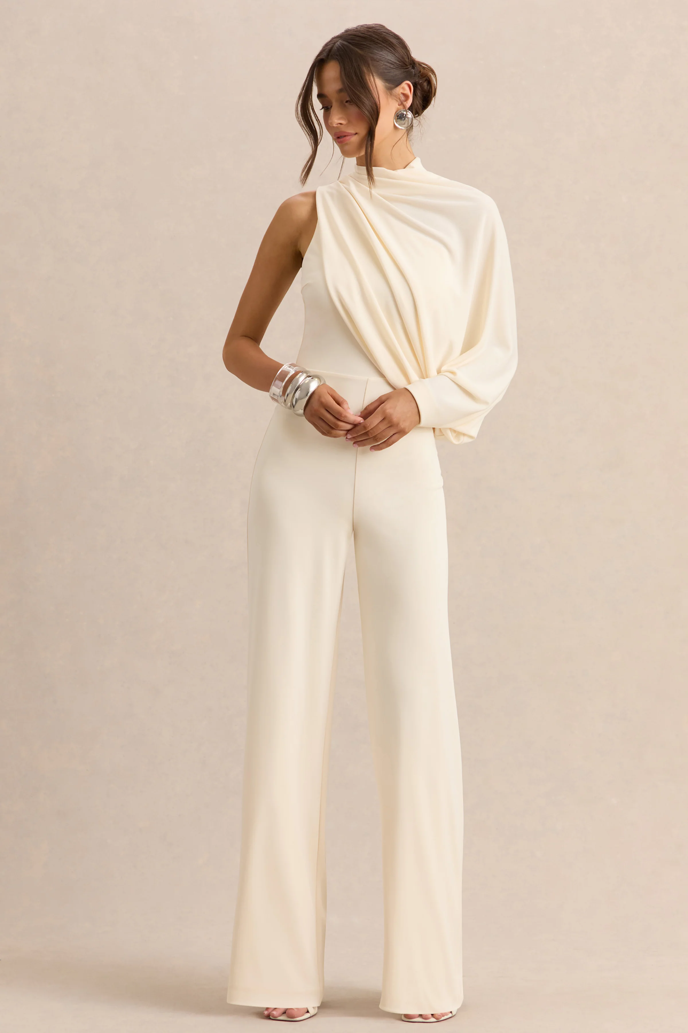 Emoria | Cream High-Neck Jumpsuit With One Long-Sleeve