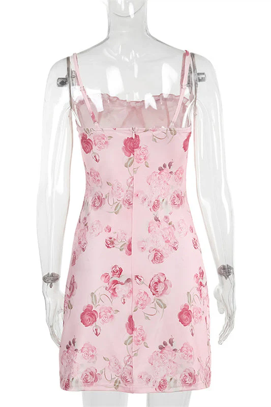 Straps Pink Floral Print Tie Front Short Dress