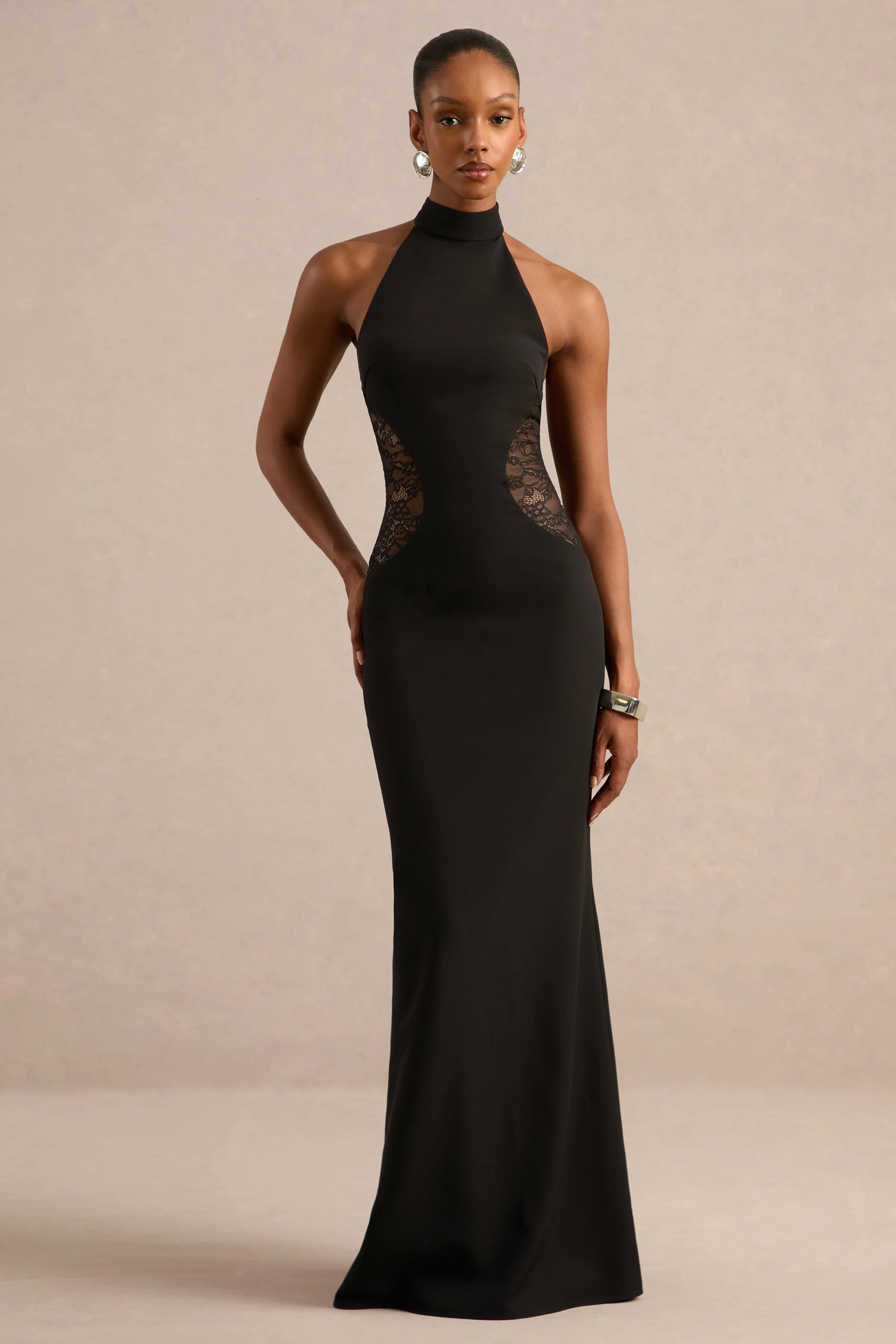 Laira | Black High Neck Maxi Dress With Sheer Lace Detail