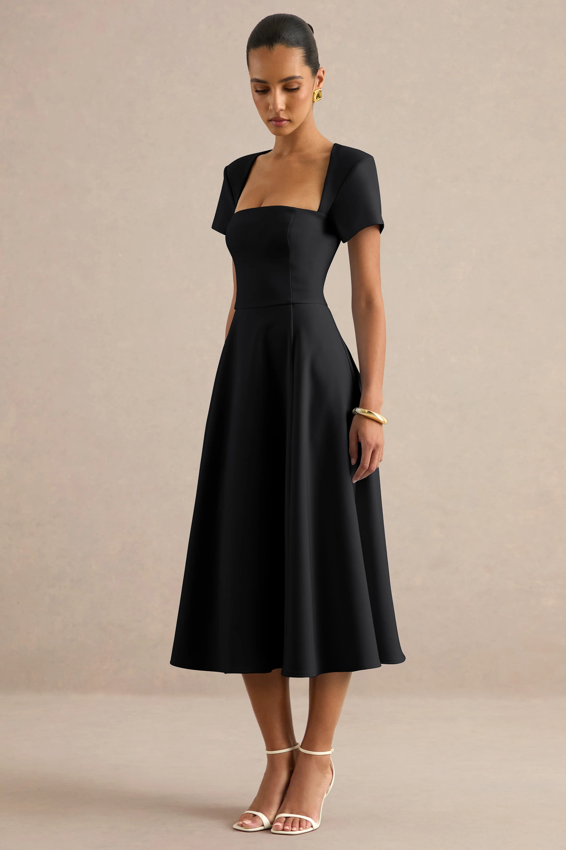 Donia | Black Square Neck Short Sleeve A-Line Midi Dress