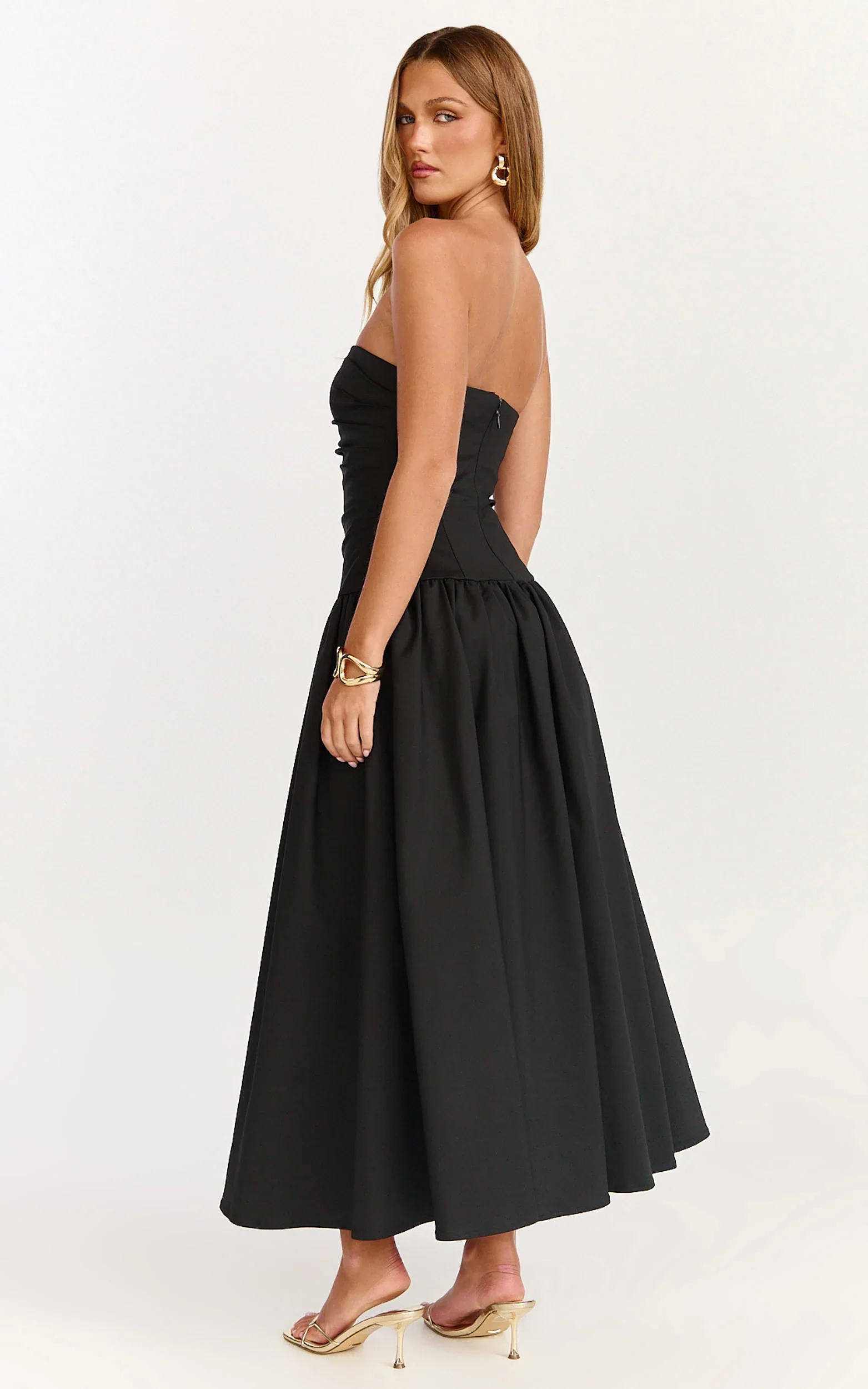 Louisa Maxi Dress - Strapless Side Ruched Dropped Waist Fit And Flare Dress in Black