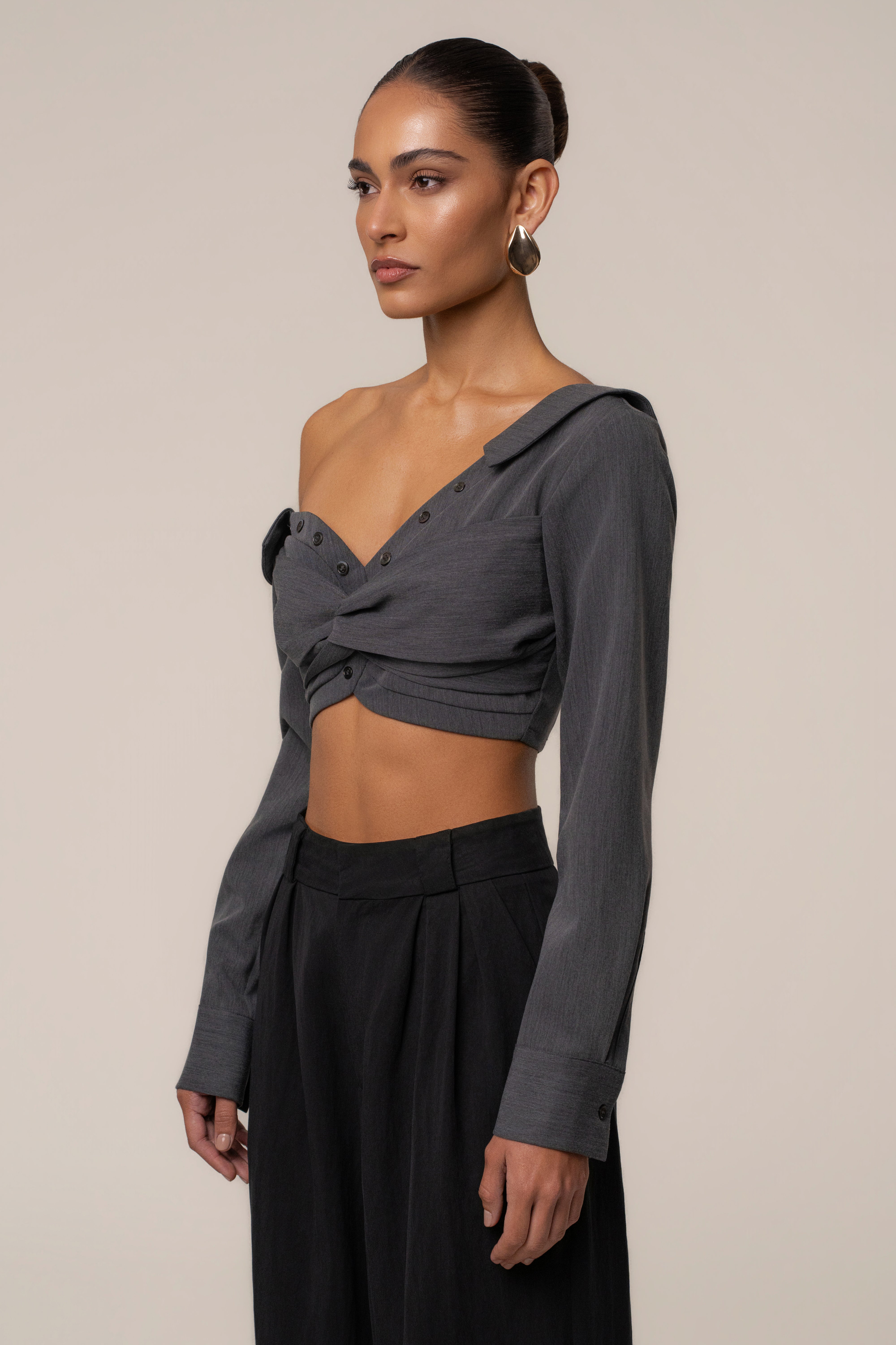 Grey Off-Shoulder Twist Crop Top