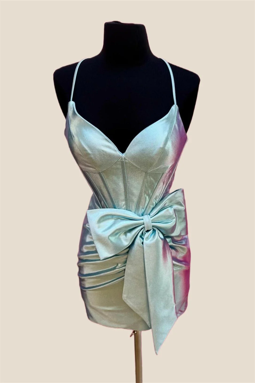 V-neck Hot Pink Bodycon Short Dress with Bow