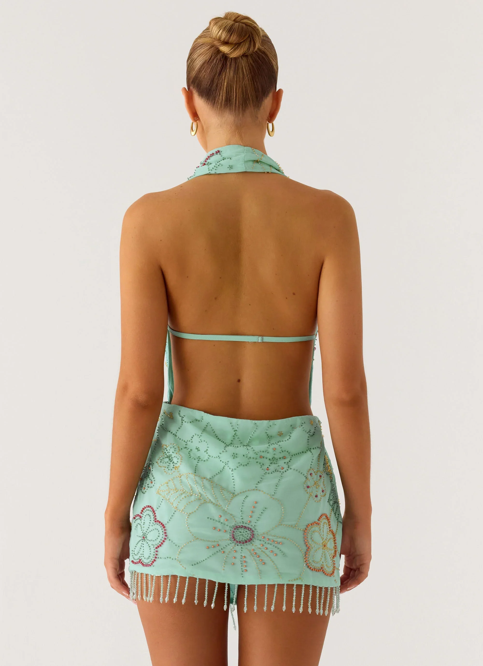 Outlaw Beaded Mini Dress - Mint Aqua