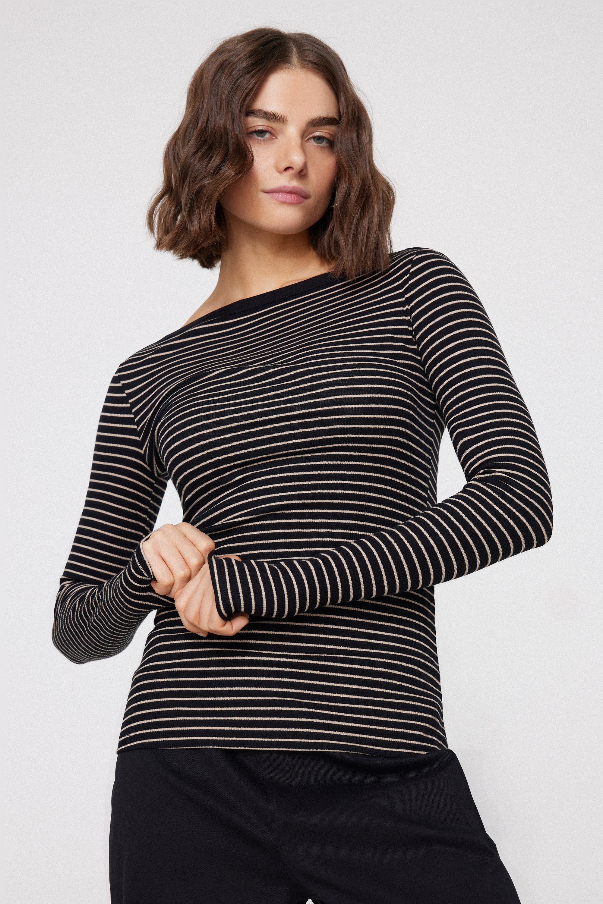 Ribbed Cotton Top with Boat Neck and Stripes