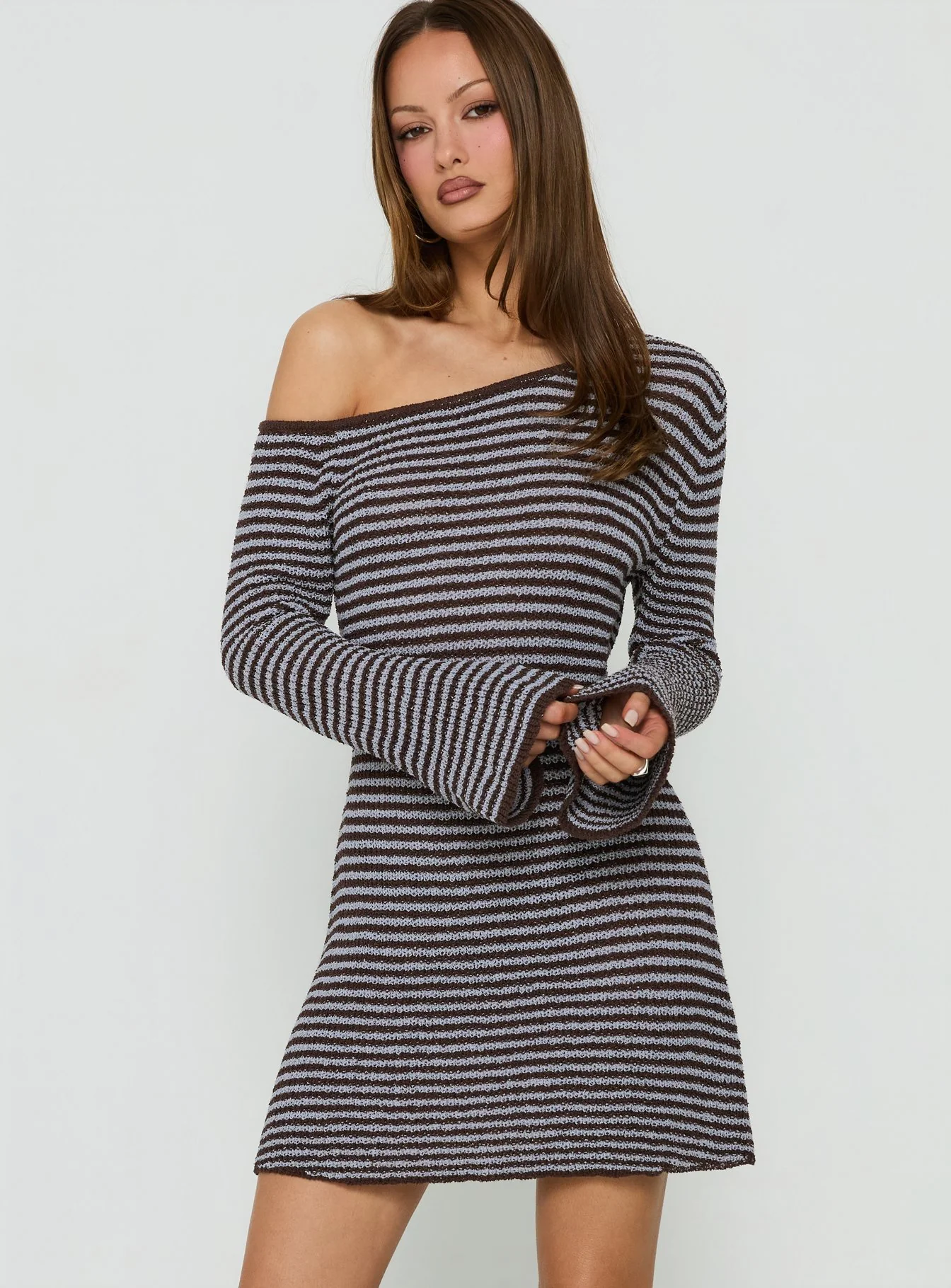 Katileya Off Shoulder Long Sleeve Mini Dress Brown / Blue Stripe